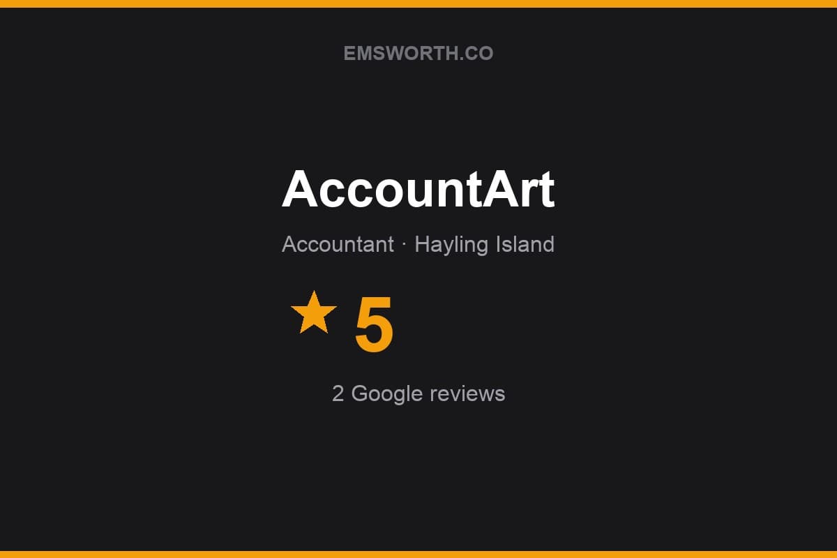 Branded Emsworth.co rating card for AccountArt — 5 stars, 2 Google reviews