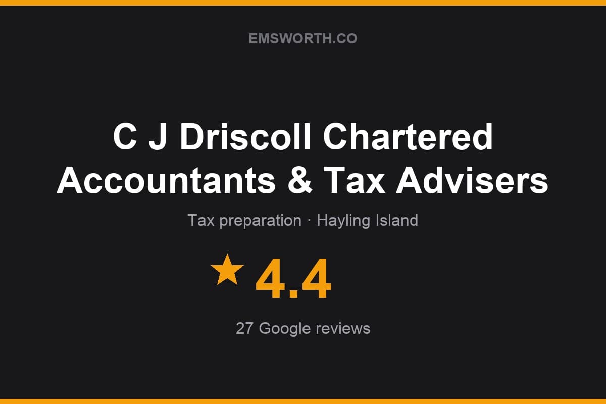 Branded Emsworth.co rating card for C J Driscoll Chartered Accountants & Tax Advisers — 4.4 stars, 27 Google reviews