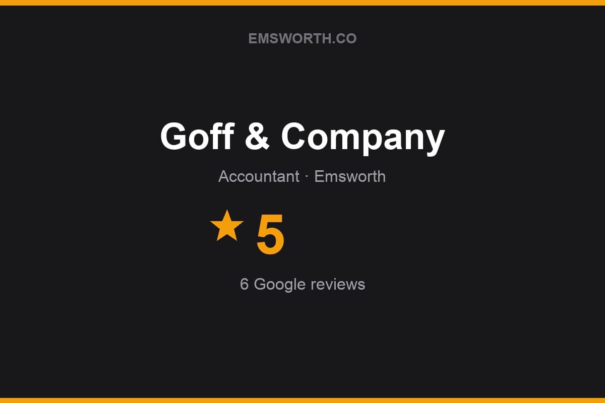 Branded Emsworth.co rating card for Goff & Company — 5 stars, 6 Google reviews