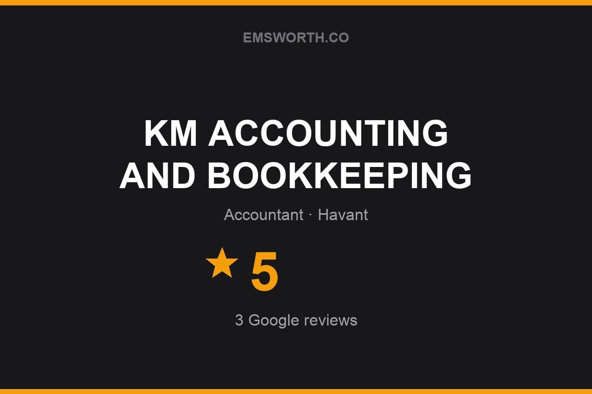 Branded Emsworth.co rating card for KM ACCOUNTING AND BOOKKEEPING — 5 stars, 3 Google reviews