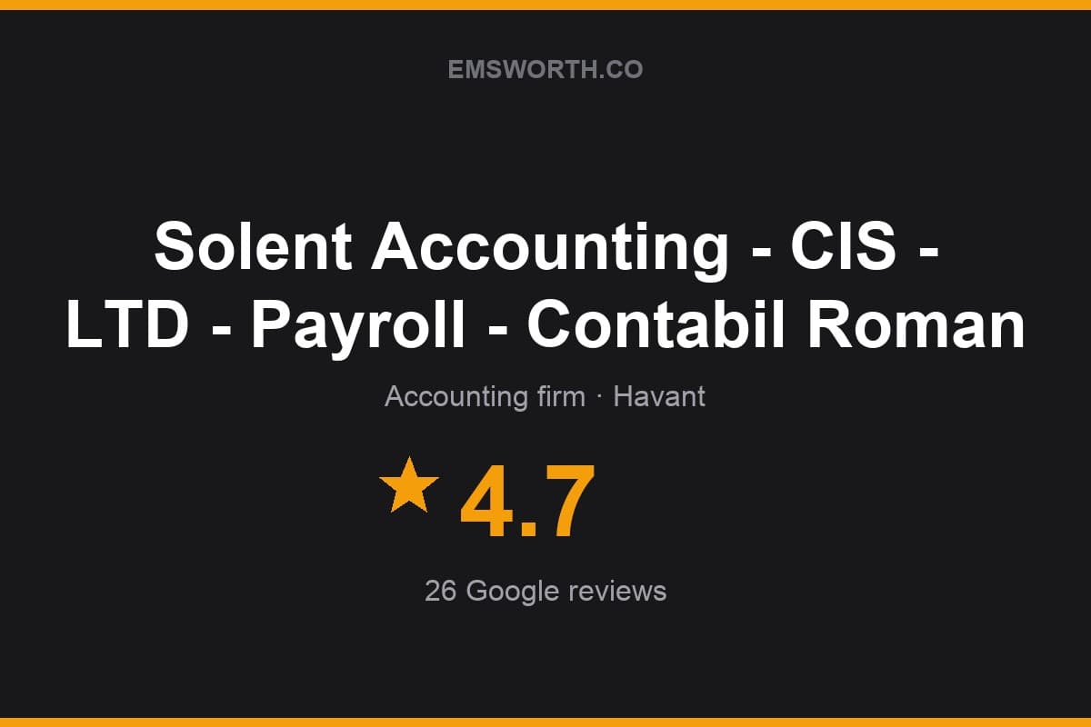 Branded Emsworth.co rating card for Solent Accounting - CIS - LTD - Payroll - Contabil Roman — 4.7 stars, 26 Google reviews