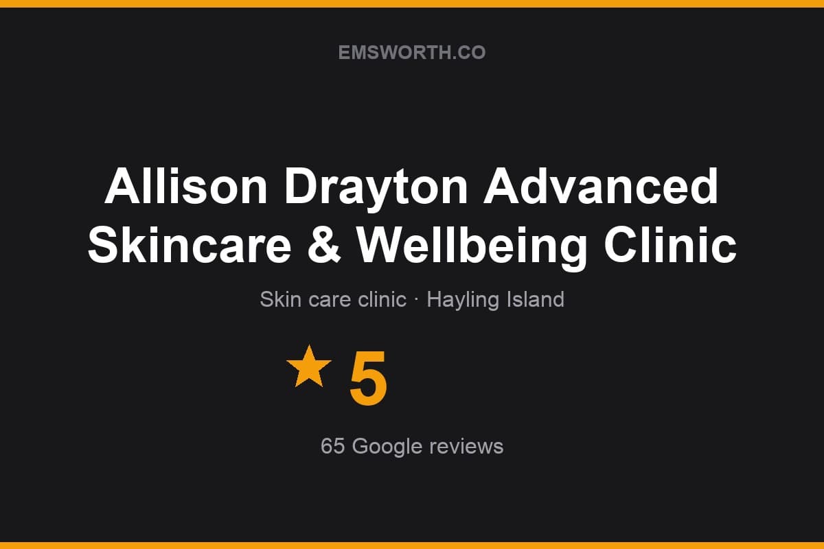 Branded Emsworth.co rating card for Allison Drayton Advanced Skincare & Wellbeing Clinic — 5 stars, 65 Google reviews