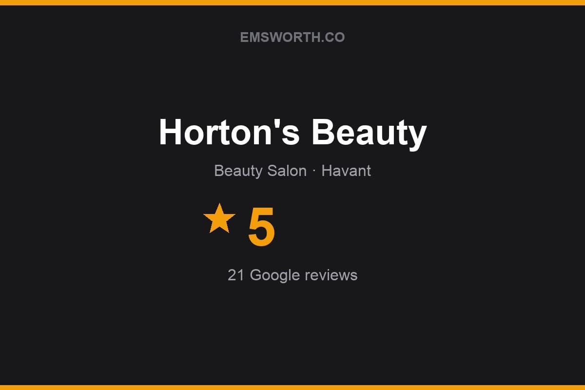 Branded Emsworth.co rating card for Horton's Beauty — 5 stars, 21 Google reviews