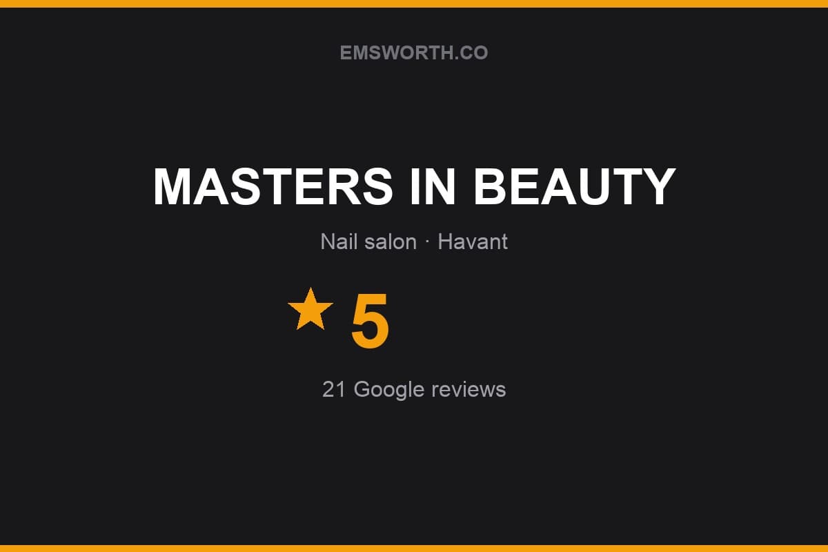 Branded Emsworth.co rating card for MASTERS IN BEAUTY — 5 stars, 21 Google reviews