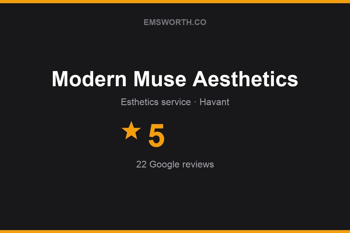 Branded Emsworth.co rating card for Modern Muse Aesthetics — 5 stars, 22 Google reviews