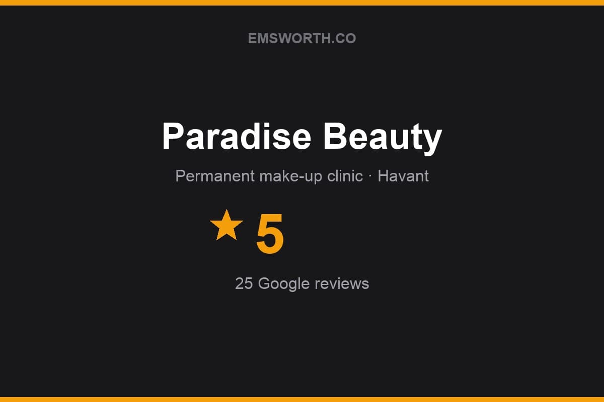 Branded Emsworth.co rating card for Paradise Beauty — 5 stars, 25 Google reviews
