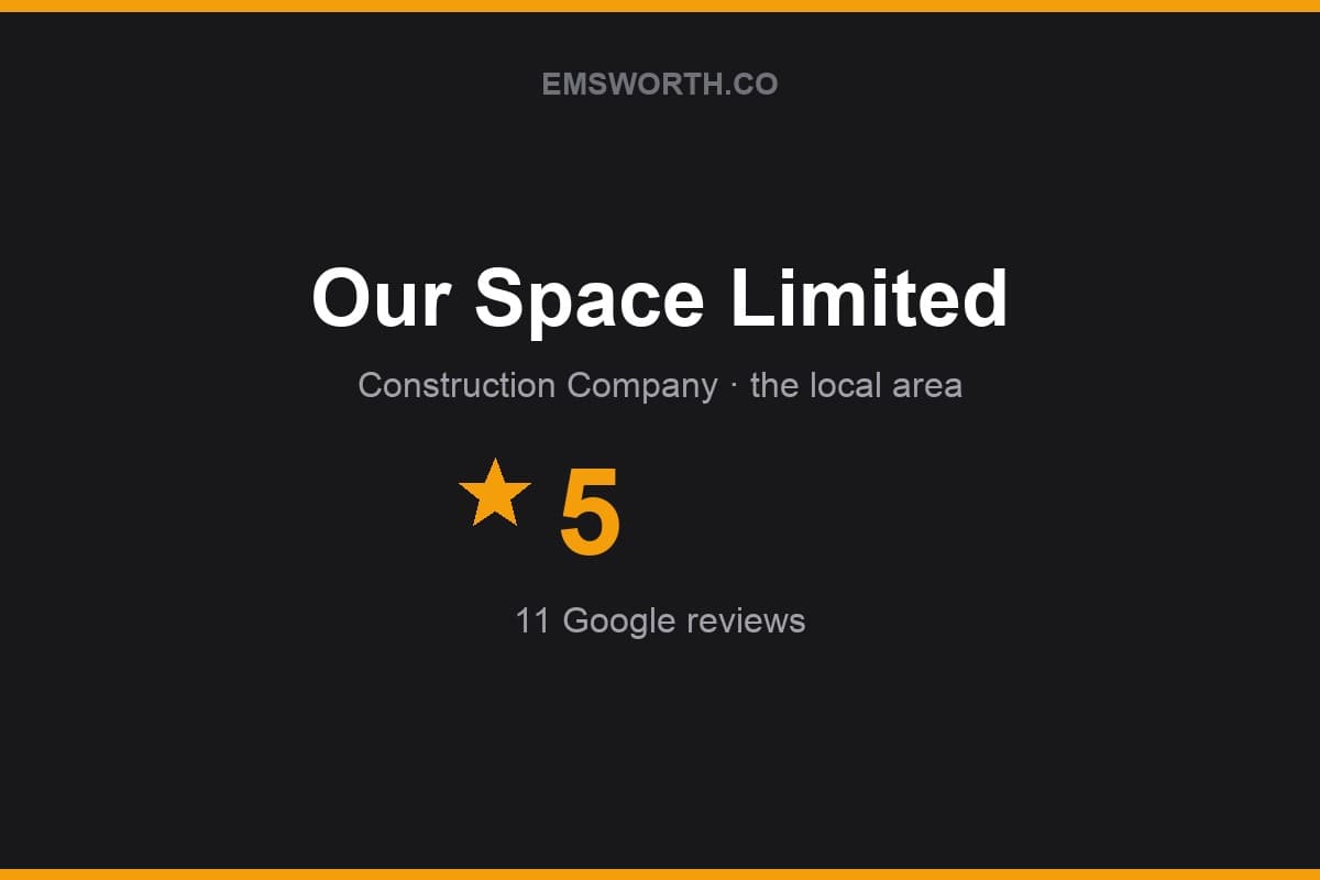 Branded Emsworth.co rating card for Our Space Limited — 5 stars, 11 Google reviews