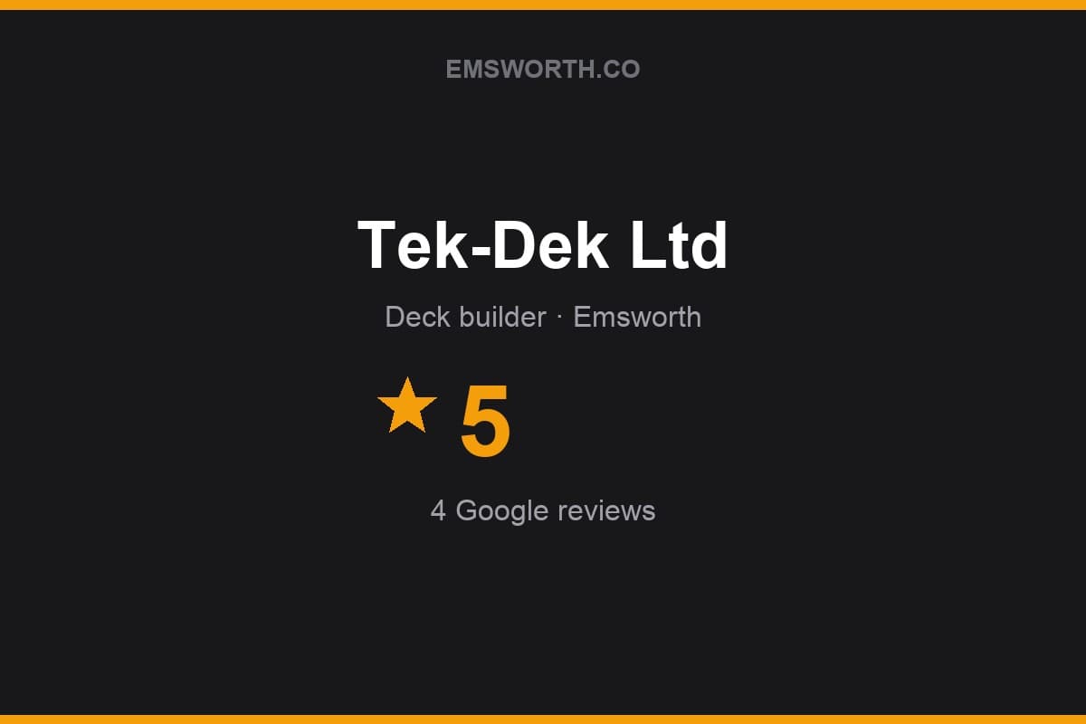 Branded Emsworth.co rating card for Tek-Dek Ltd — 5 stars, 4 Google reviews
