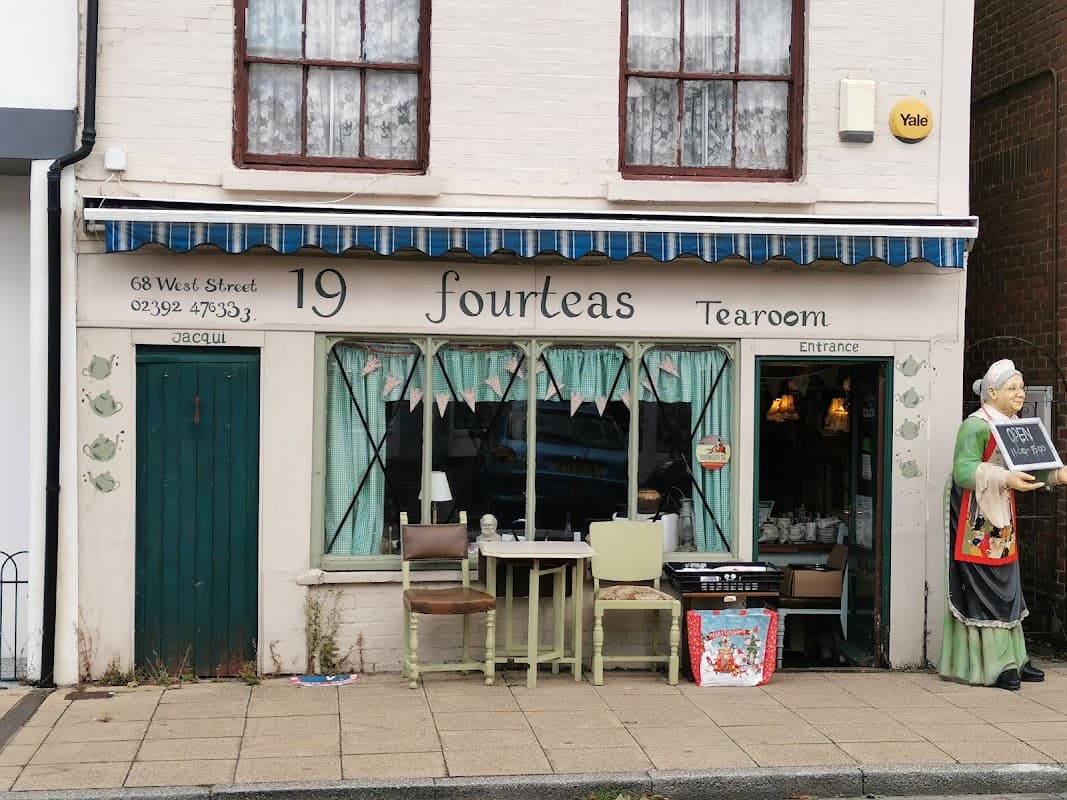 The 1940s-themed shopfront of 19 Fourteas TeaRoom, West Street, Havant
