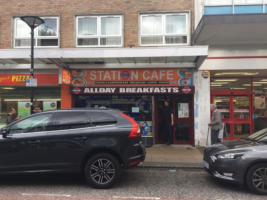 The Station Cafe shopfront on Market Parade, Havant, offering all-day breakfasts
