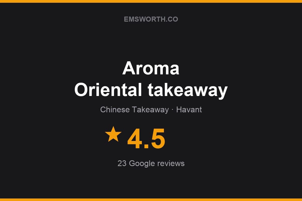 Branded Emsworth.co rating card for Aroma Oriental takeaway — 4.5 stars, 23 Google reviews