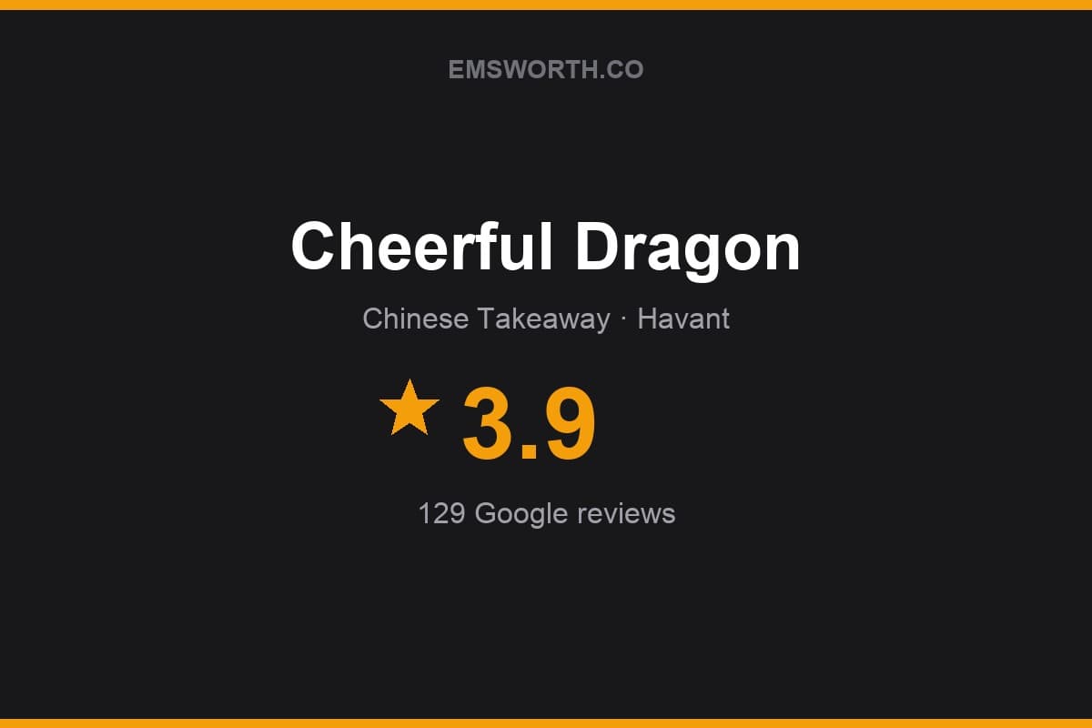 Branded Emsworth.co rating card for Cheerful Dragon — 3.9 stars, 129 Google reviews