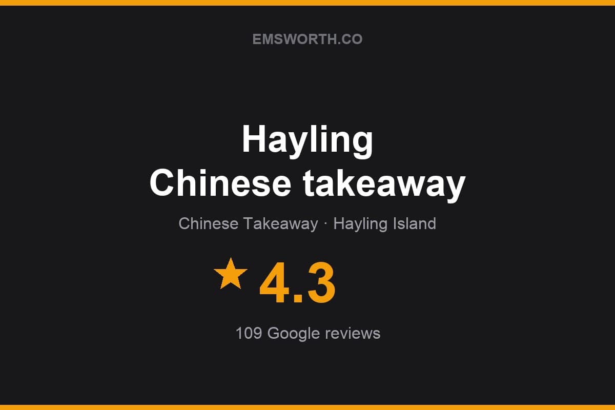 Branded Emsworth.co rating card for Hayling Chinese takeaway — 4.3 stars, 109 Google reviews