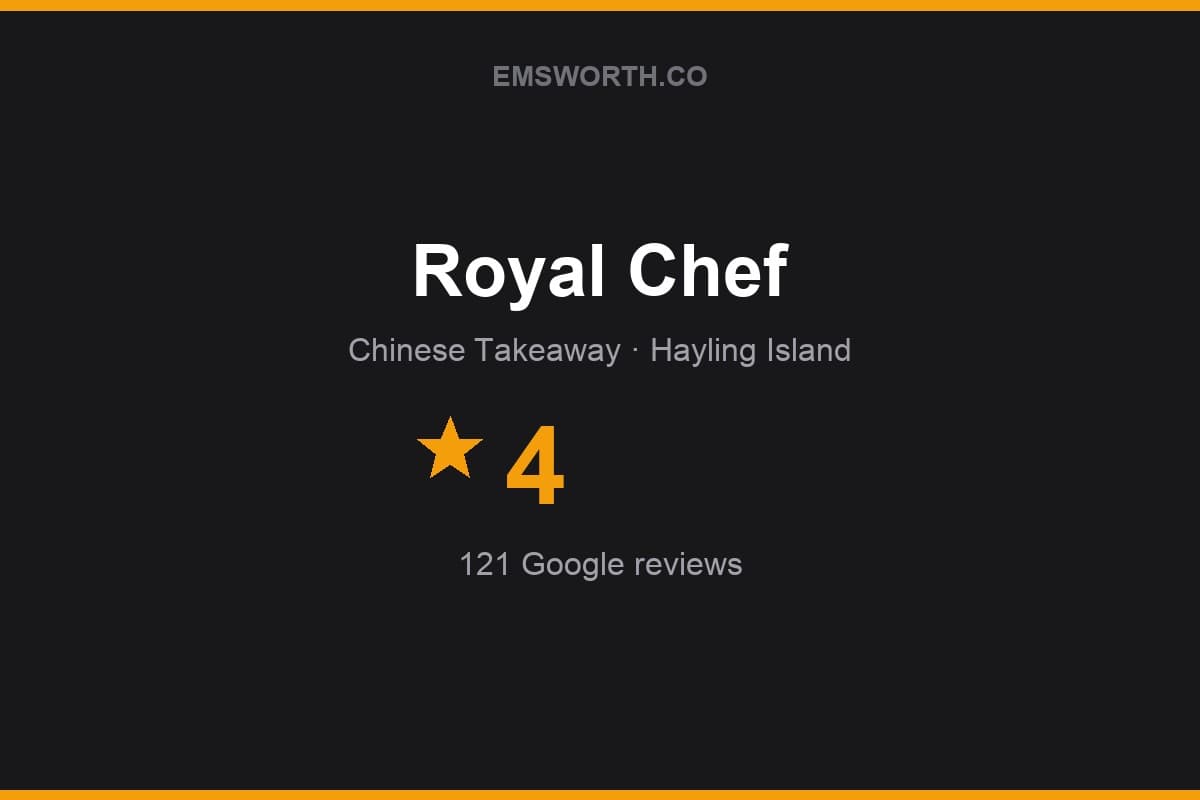Branded Emsworth.co rating card for Royal Chef — 4 stars, 121 Google reviews
