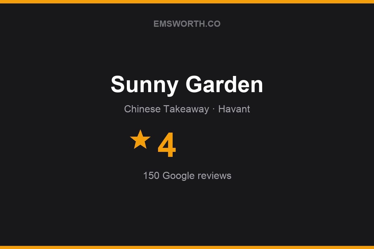 Branded Emsworth.co rating card for Sunny Garden — 4 stars, 150 Google reviews
