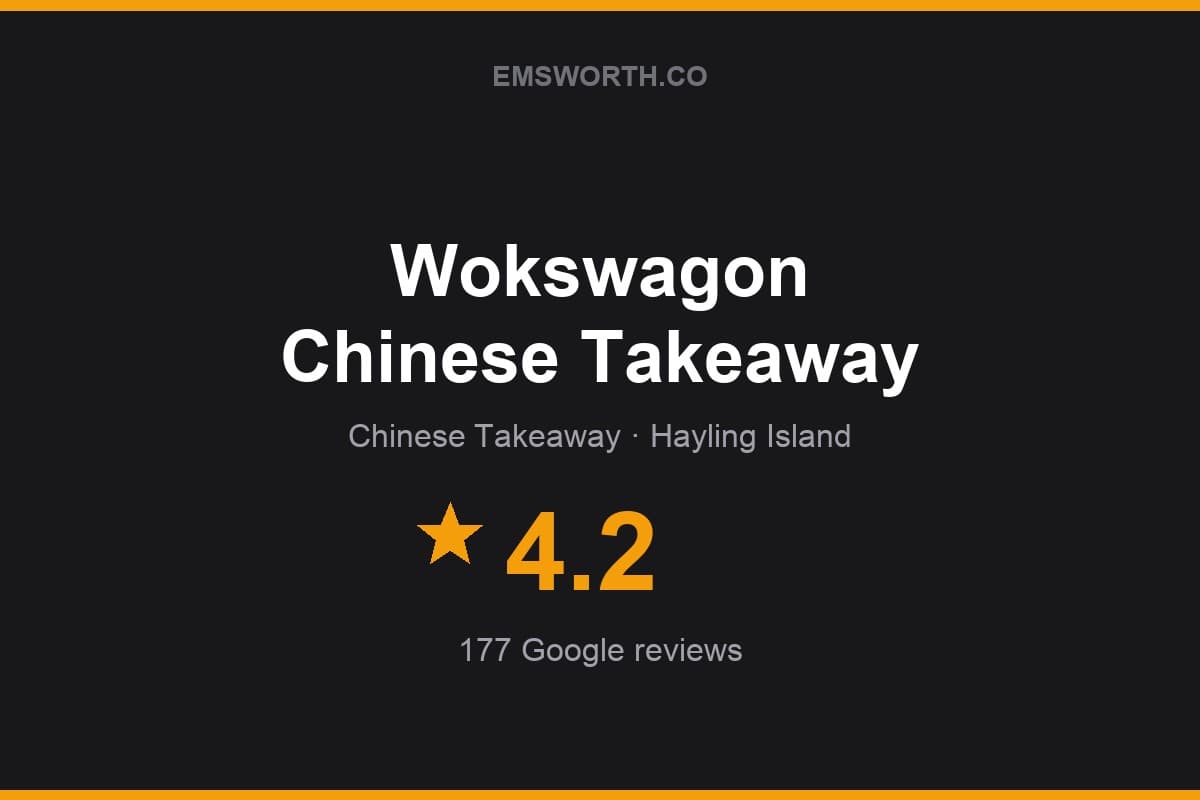 Branded Emsworth.co rating card for Wokswagon Chinese Takeaway — 4.2 stars, 177 Google reviews