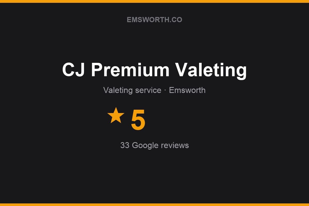 Branded Emsworth.co rating card for CJ Premium Valeting — 5 stars, 33 Google reviews