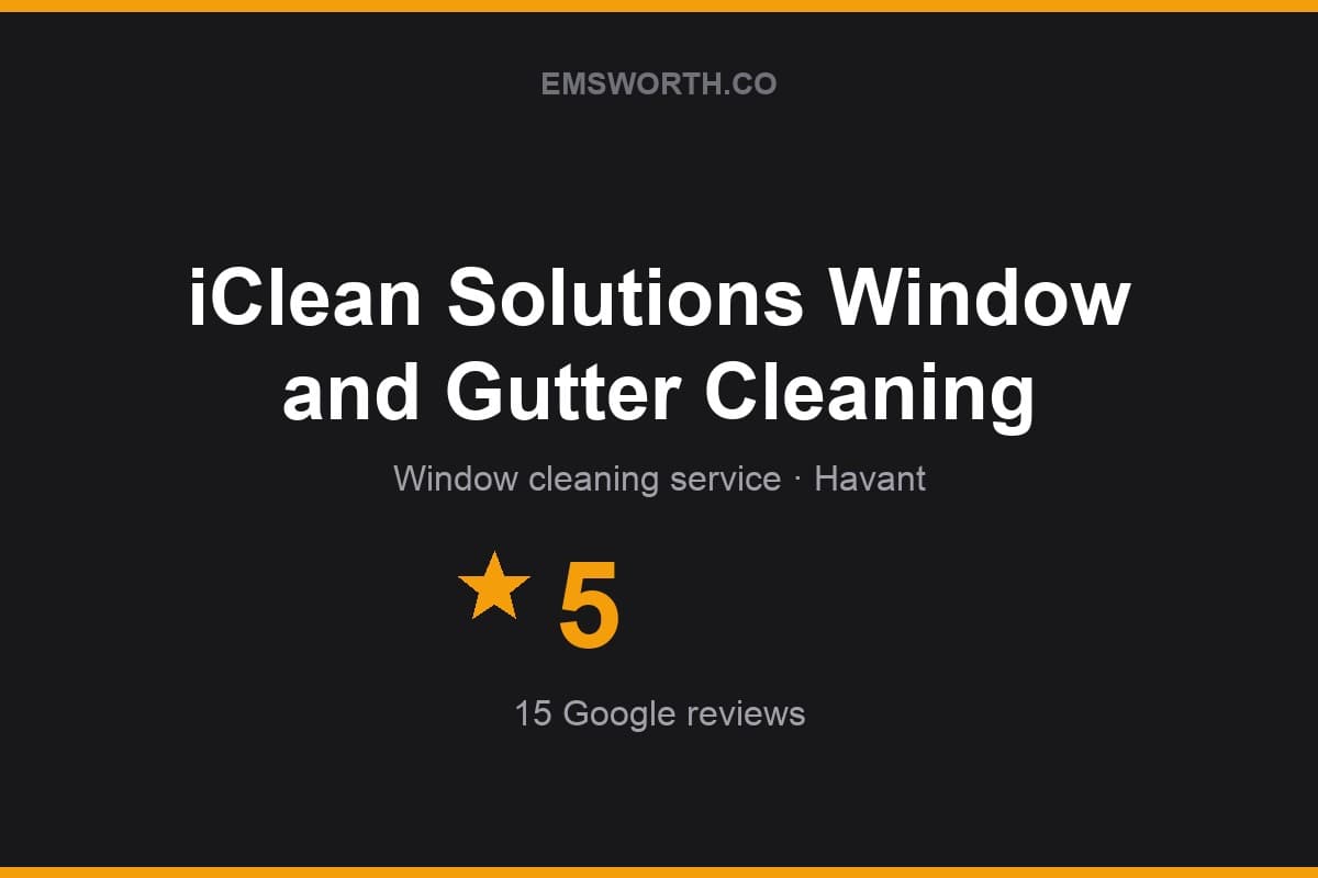Branded Emsworth.co rating card for iClean Solutions Window and Gutter Cleaning — 5 stars, 15 Google reviews