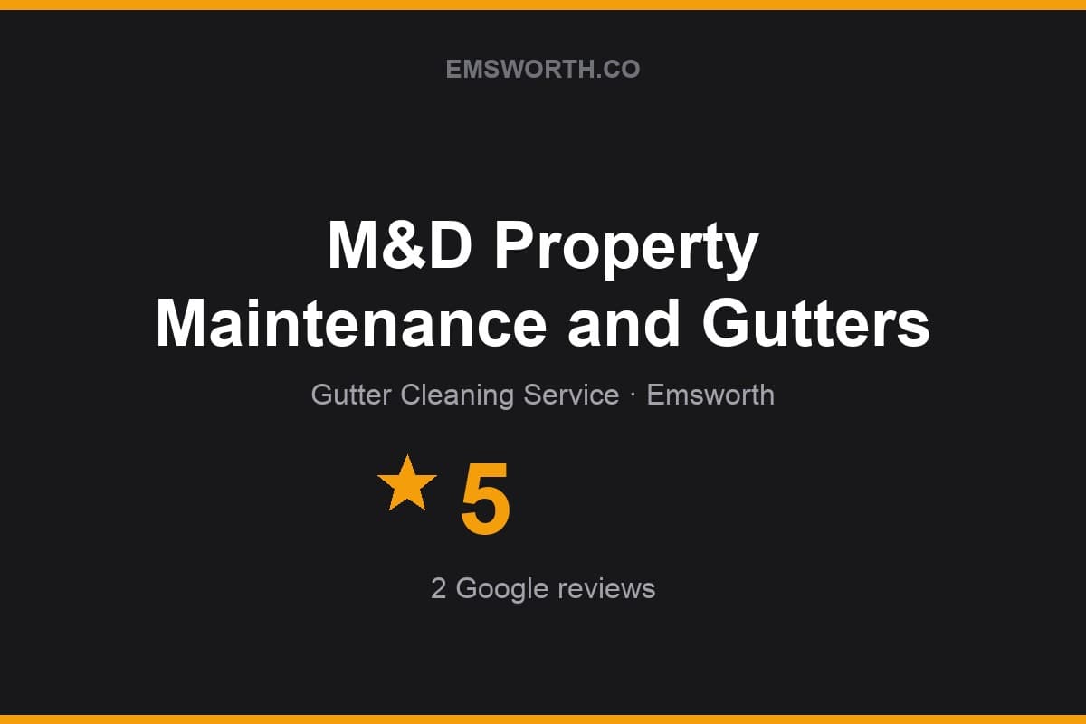 Branded Emsworth.co rating card for M&D Property Maintenance and Gutters — 5 stars, 2 Google reviews