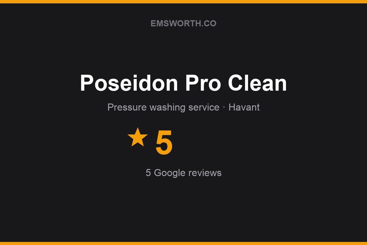 Branded Emsworth.co rating card for Poseidon Pro Clean — 5 stars, 5 Google reviews