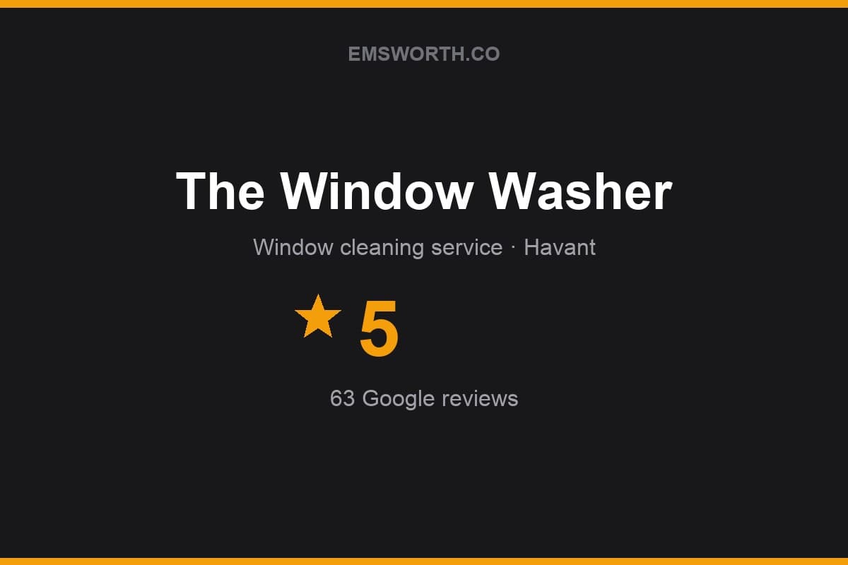 Branded Emsworth.co rating card for The Window Washer — 5 stars, 63 Google reviews