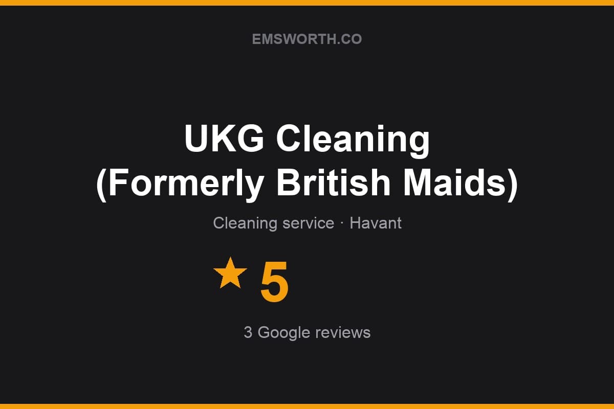 Branded Emsworth.co rating card for UKG Cleaning (Formerly British Maids) — 5 stars, 3 Google reviews