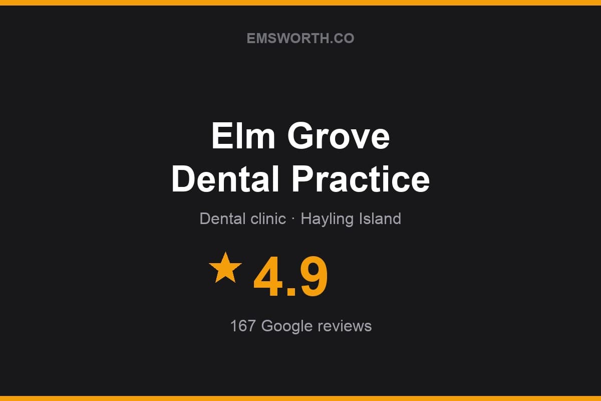 Branded Emsworth.co rating card for Elm Grove Dental Practice — 4.9 stars, 167 Google reviews