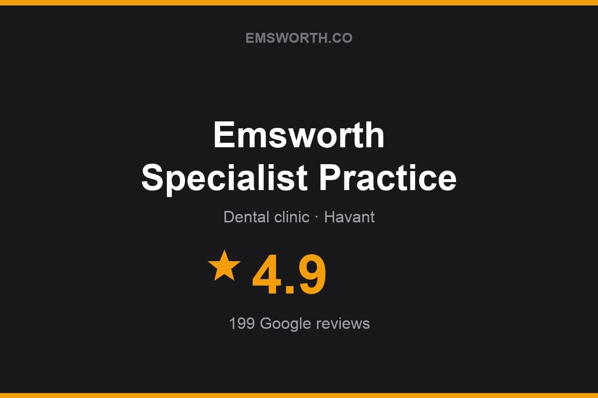 Branded Emsworth.co rating card for Emsworth Specialist Practice — 4.9 stars, 199 Google reviews