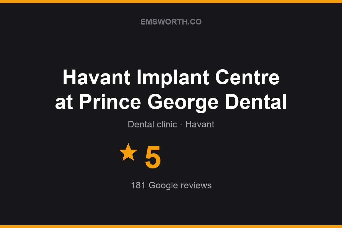 Branded Emsworth.co rating card for Havant Implant Centre at Prince George Dental — 5 stars, 181 Google reviews