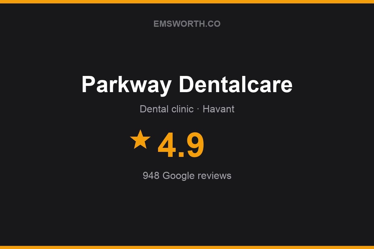 Branded Emsworth.co rating card for Parkway Dentalcare — 4.9 stars, 948 Google reviews