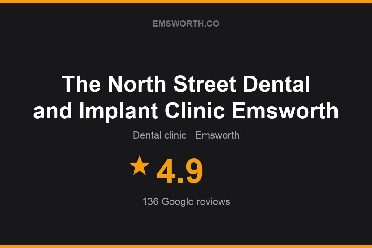 Branded Emsworth.co rating card for The North Street Dental and Implant Clinic Emsworth — 4.9 stars, 136 Google reviews