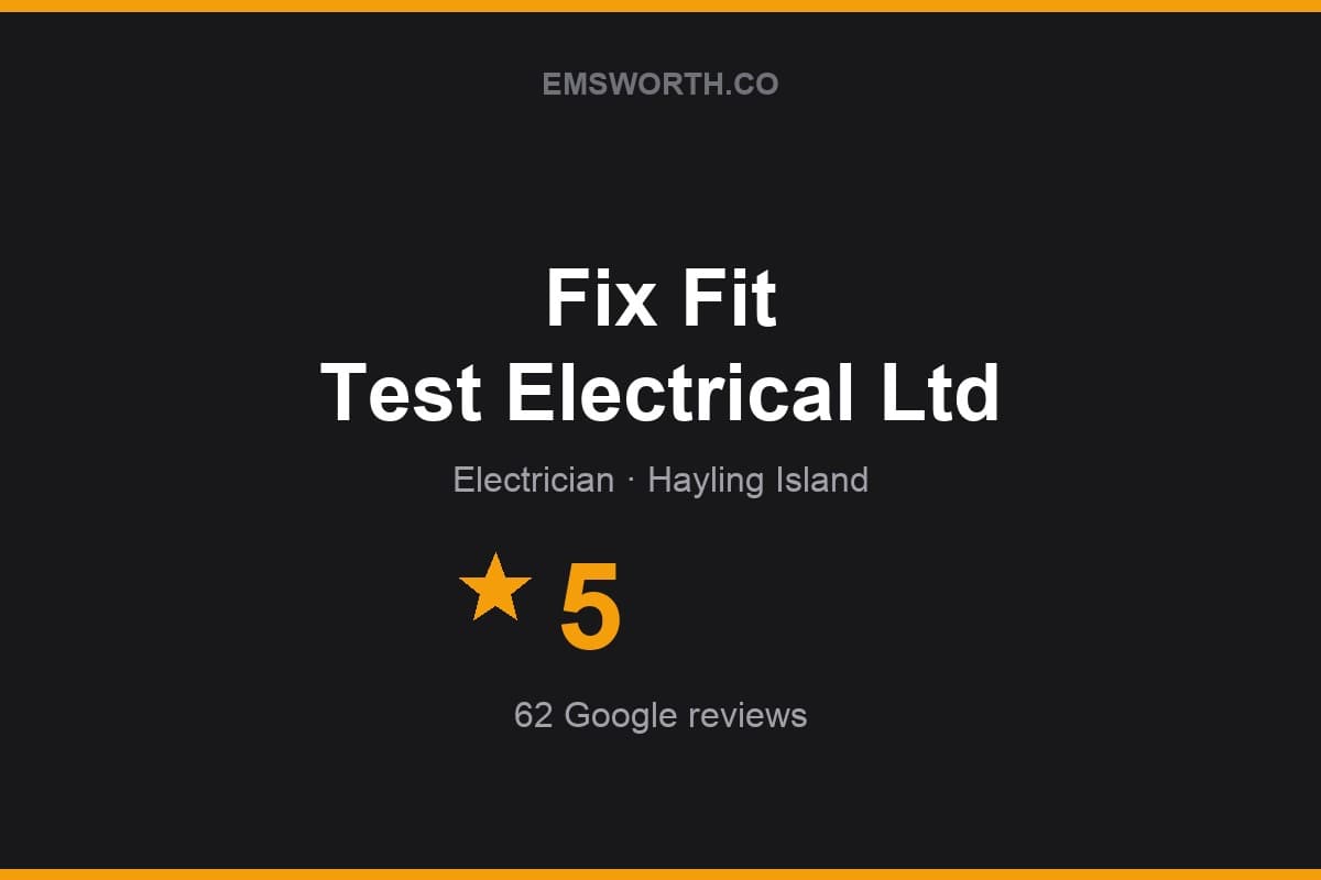 Branded Emsworth.co rating card for Fix Fit Test Electrical Ltd — 5 stars, 62 Google reviews