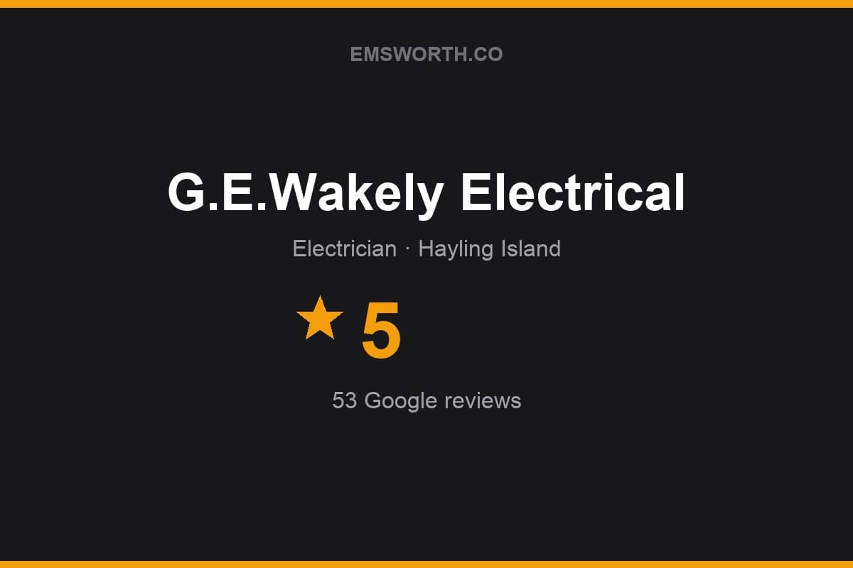 Branded Emsworth.co rating card for G.E.Wakely Electrical — 5 stars, 53 Google reviews