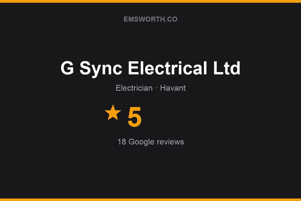 Branded Emsworth.co rating card for G Sync Electrical Ltd — 5 stars, 18 Google reviews