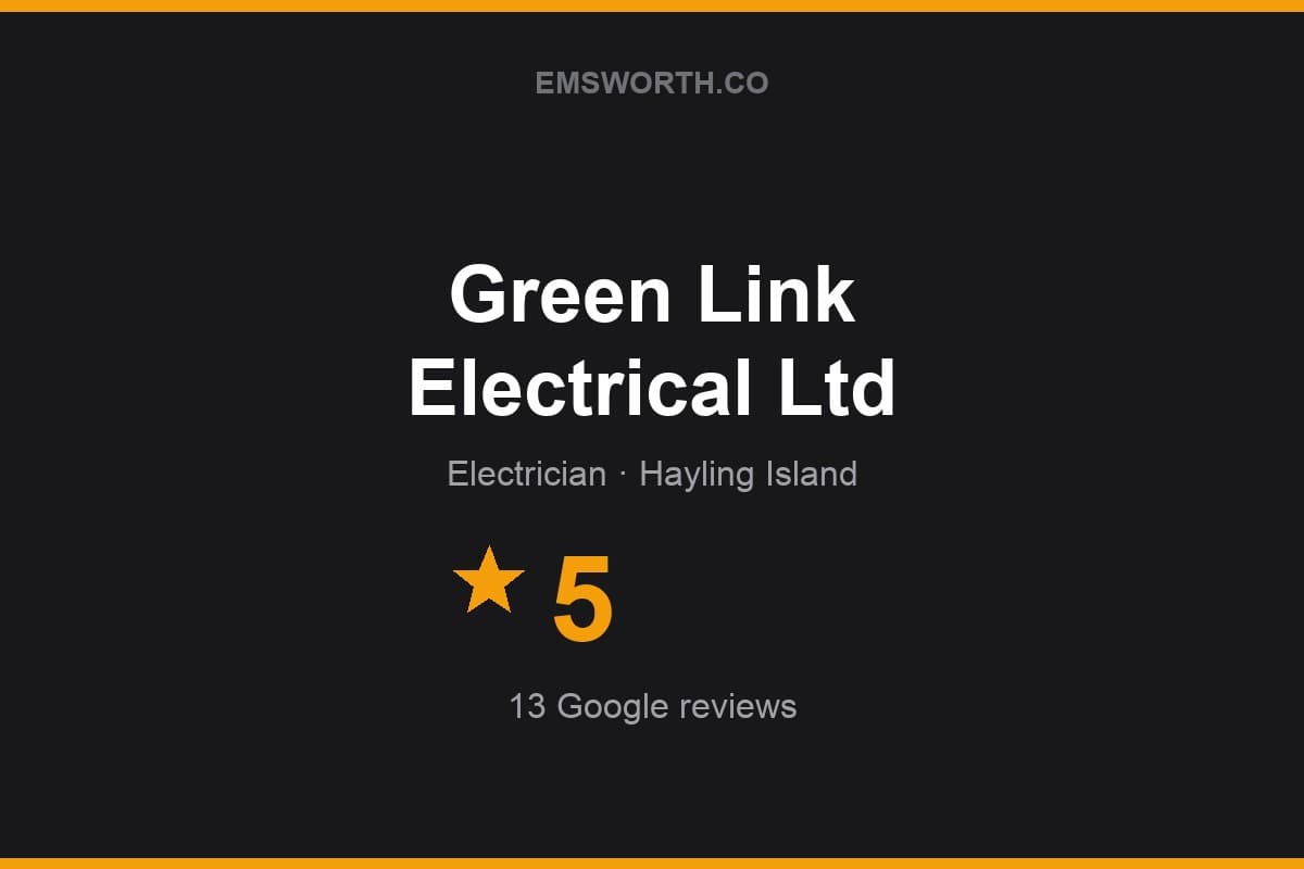 Branded Emsworth.co rating card for Green Link Electrical Ltd — 5 stars, 13 Google reviews