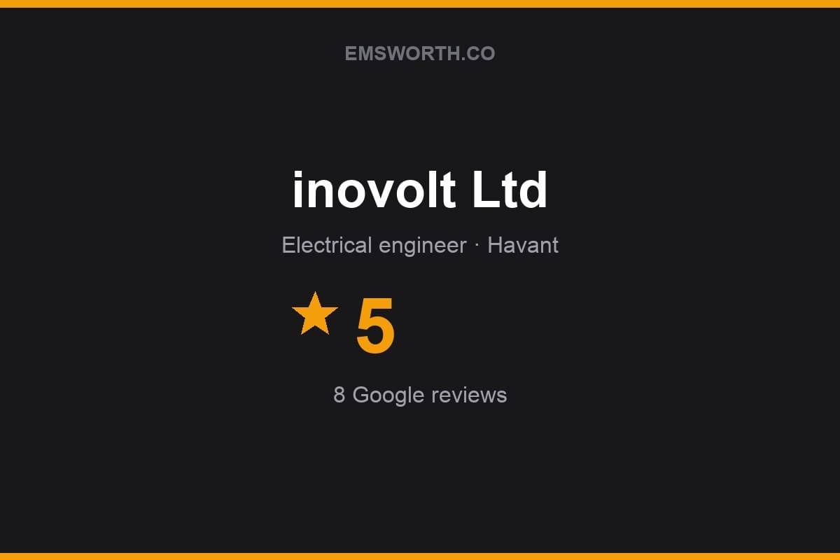 Branded Emsworth.co rating card for inovolt Ltd — 5 stars, 8 Google reviews