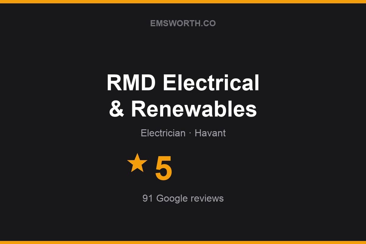 Branded Emsworth.co rating card for RMD Electrical & Renewables — 5 stars, 91 Google reviews