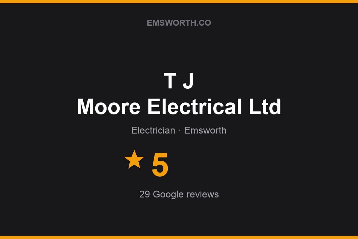 Branded Emsworth.co rating card for T J Moore Electrical Ltd — 5 stars, 29 Google reviews
