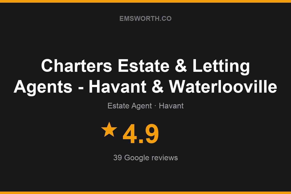 Branded Emsworth.co rating card for Charters Estate & Letting Agents - Havant & Waterlooville — 4.9 stars, 39 Google reviews