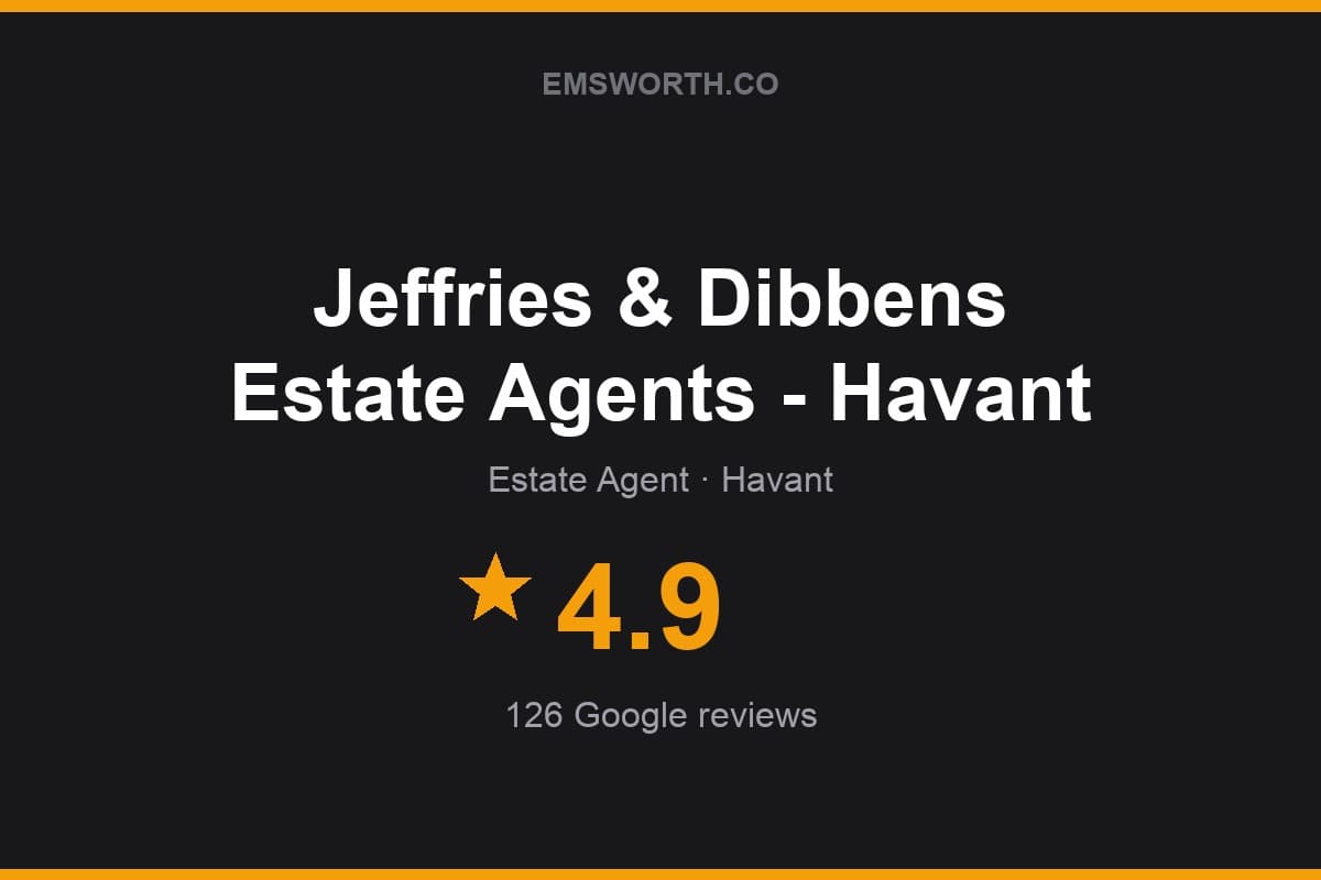 Branded Emsworth.co rating card for Jeffries & Dibbens Estate Agents - Havant — 4.9 stars, 126 Google reviews