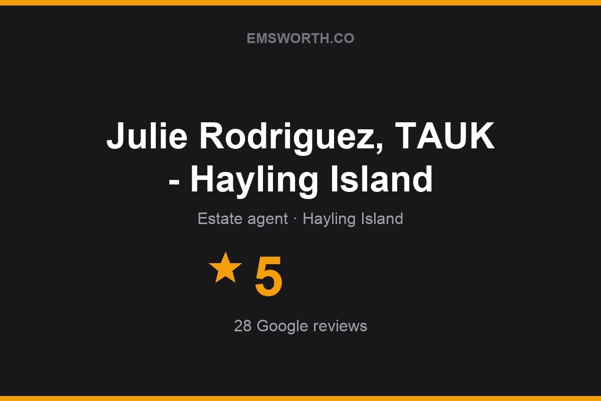 Branded Emsworth.co rating card for Julie Rodriguez, TAUK - Hayling Island — 5 stars, 28 Google reviews