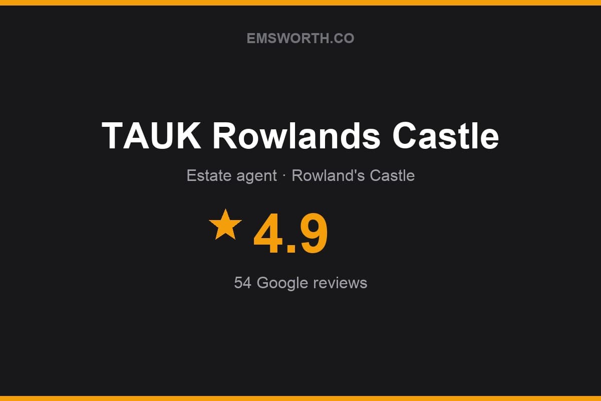 Branded Emsworth.co rating card for TAUK Rowlands Castle — 4.9 stars, 54 Google reviews