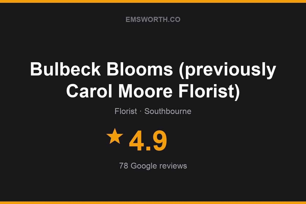 Branded Emsworth.co rating card for Bulbeck Blooms (previously Carol Moore Florist) — 4.9 stars, 78 Google reviews