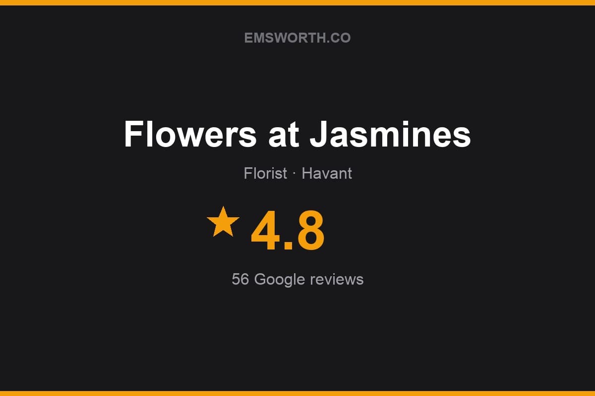 Branded Emsworth.co rating card for Flowers at Jasmines — 4.8 stars, 56 Google reviews