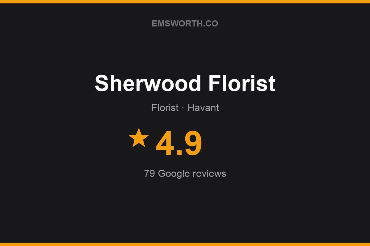 Branded Emsworth.co rating card for Sherwood Florist — 4.9 stars, 79 Google reviews