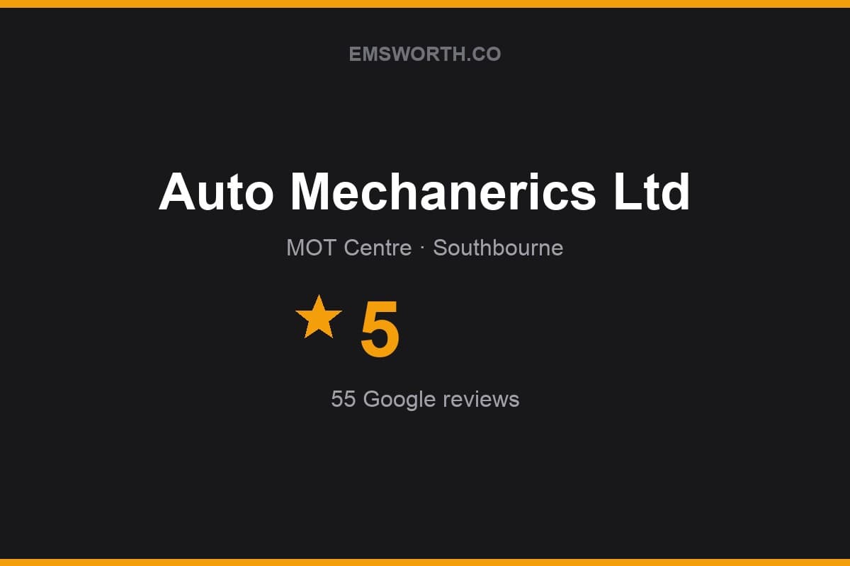 Branded Emsworth.co rating card for Auto Mechanerics Ltd — 5 stars, 55 Google reviews