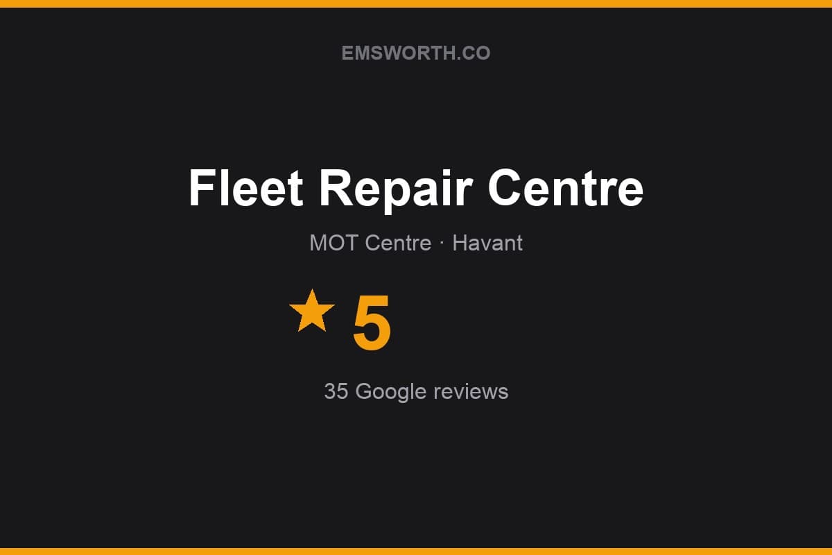Branded Emsworth.co rating card for Fleet Repair Centre — 5 stars, 35 Google reviews