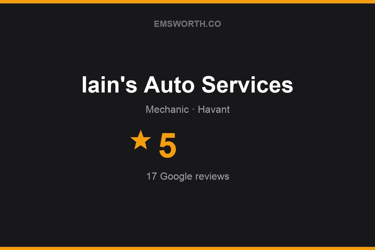 Branded Emsworth.co rating card for Iain's Auto Services — 5 stars, 17 Google reviews