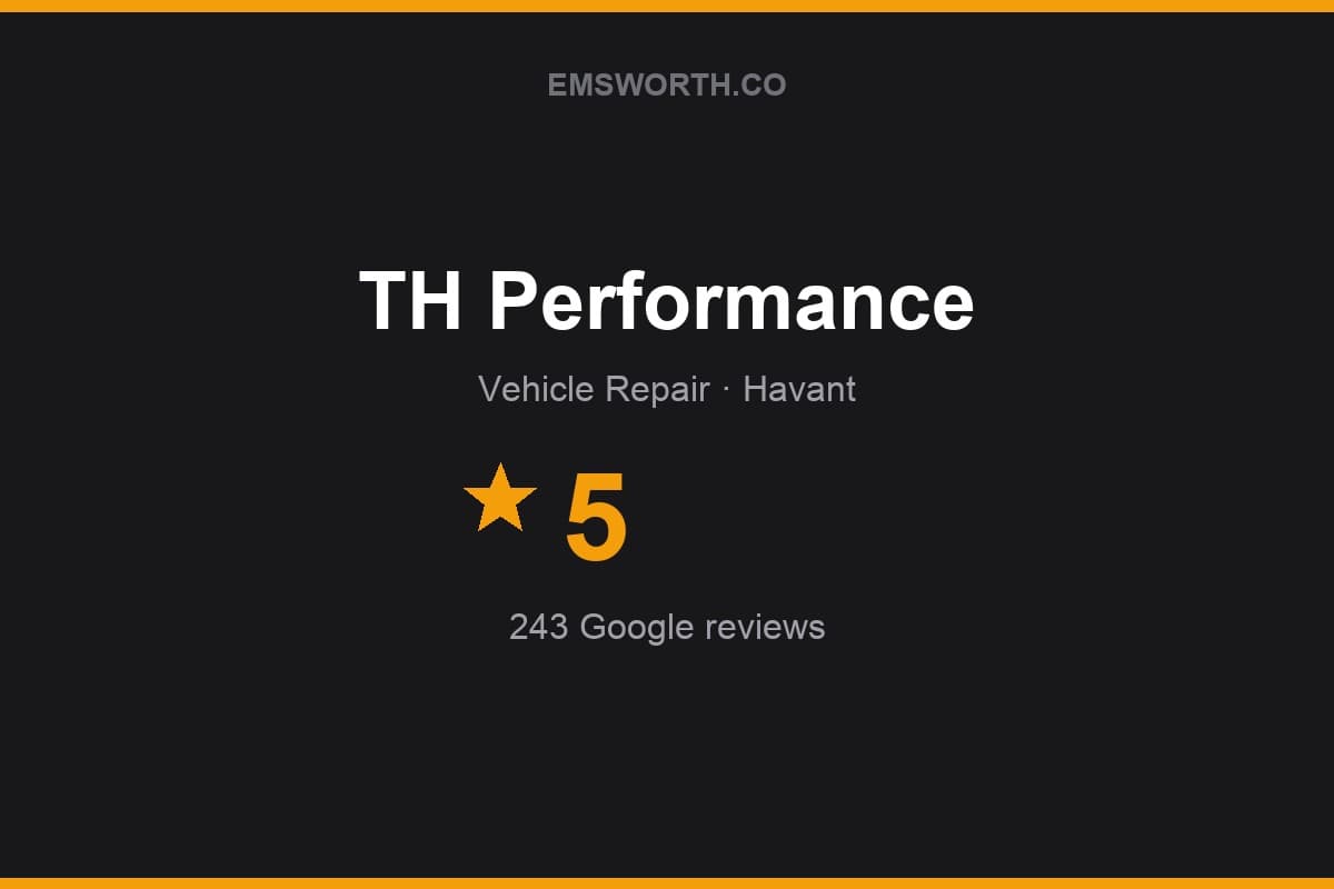 Branded Emsworth.co rating card for TH Performance — 5 stars, 243 Google reviews