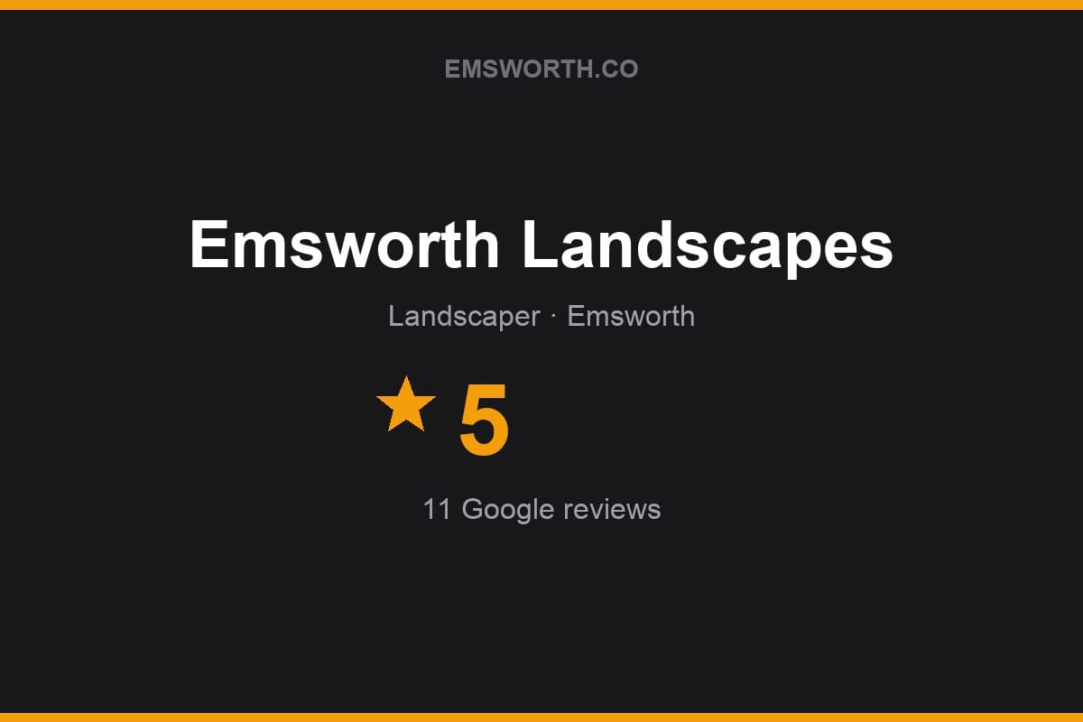 Branded Emsworth.co rating card for Emsworth Landscapes — 5 stars, 11 Google reviews